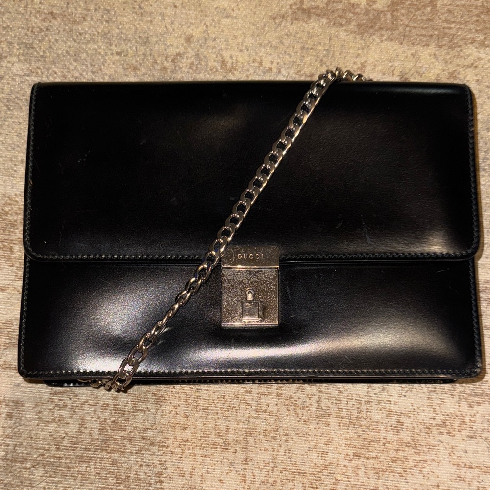 Gucci Black Leather Clutch w lock and key with Silver Chain